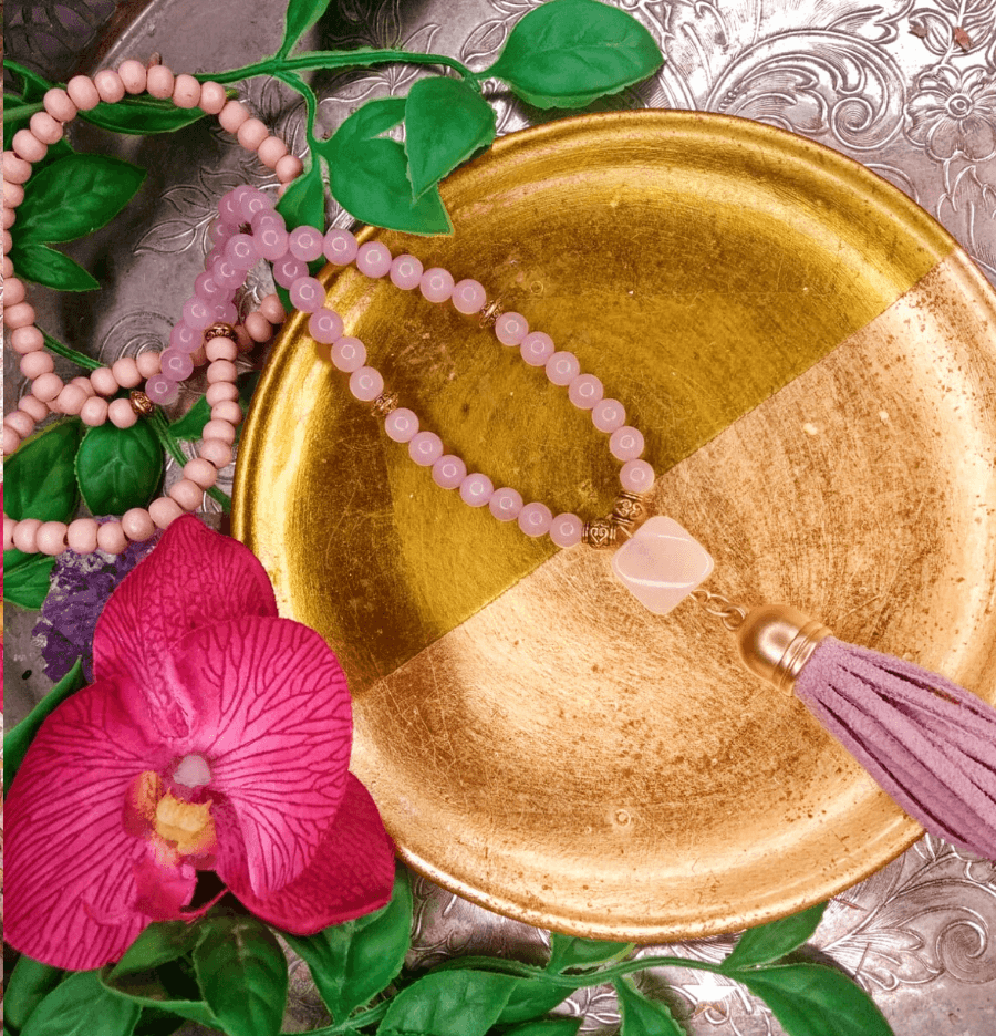 Rose Quartz Crystal and Sacred Wood Mala Bead Necklace - Spirit and Stardust