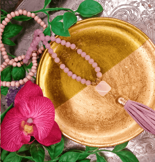 Rose Quartz Crystal and Sacred Wood Mala Bead Necklace - Spirit and Stardust