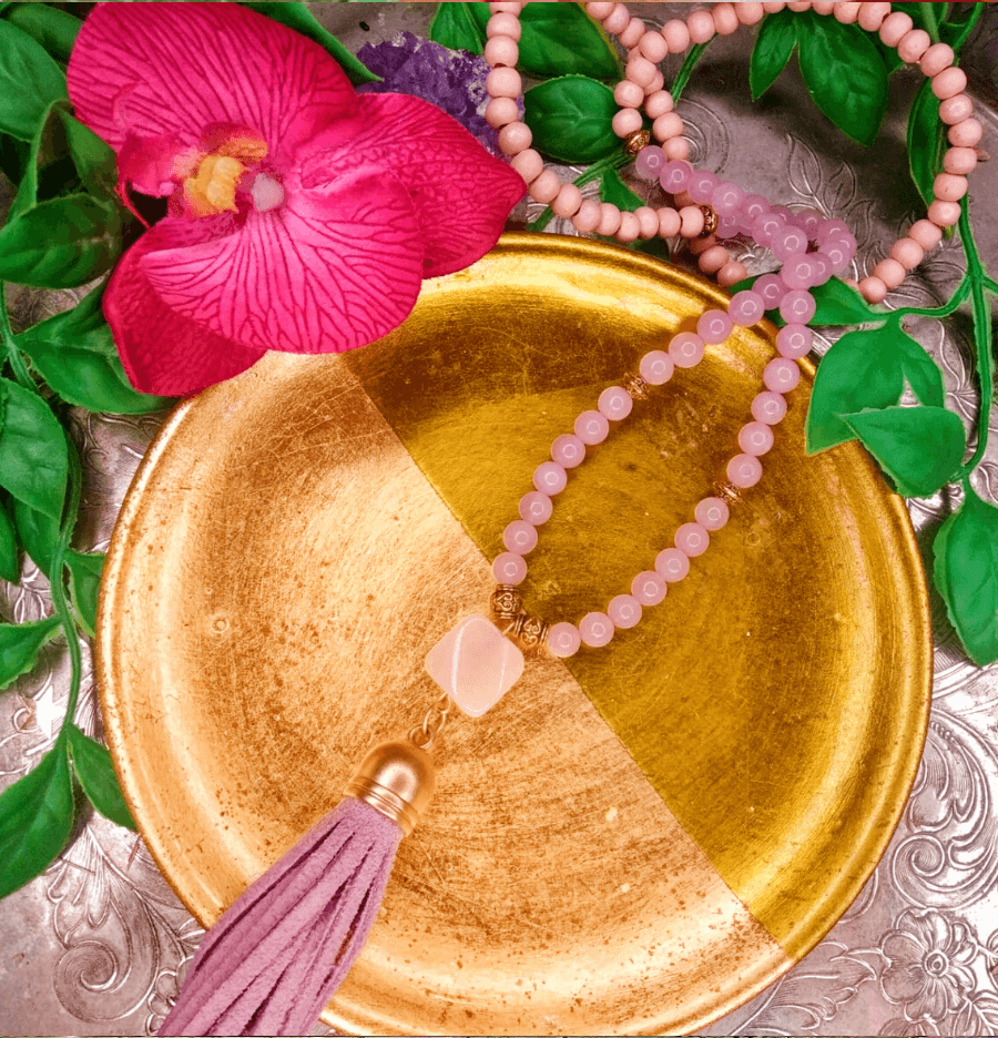 Rose Quartz Crystal and Sacred Wood Mala Bead Necklace - Spirit and Stardust
