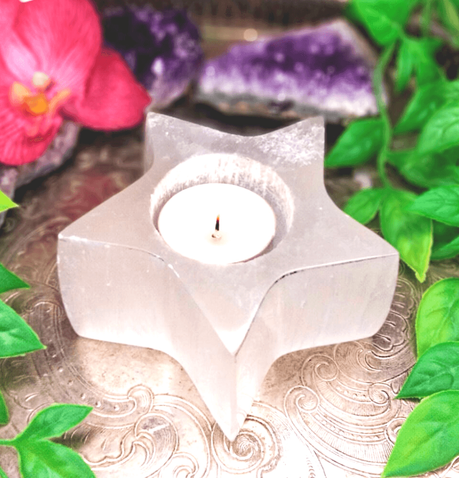 Selenite Crystal Candle Holder (Star) - Spirit and Stardust