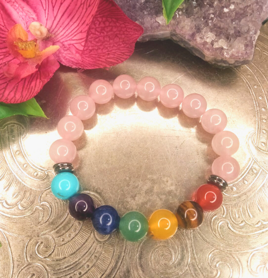 Seven Chakra and Rose Quartz Bracelet For Love (10mm)
