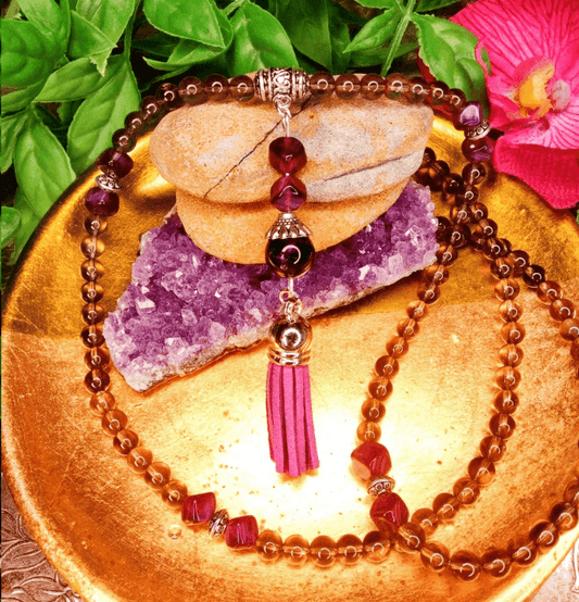 Smoky Quartz and Amethyst Crystal Mala Bead Necklace - Spirit and Stardust