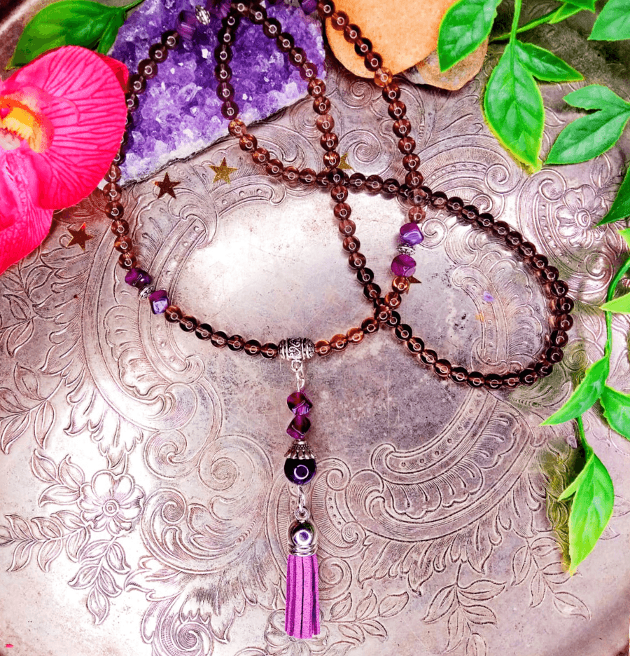 Smoky Quartz and Amethyst Crystal Mala Bead Necklace - Spirit and Stardust