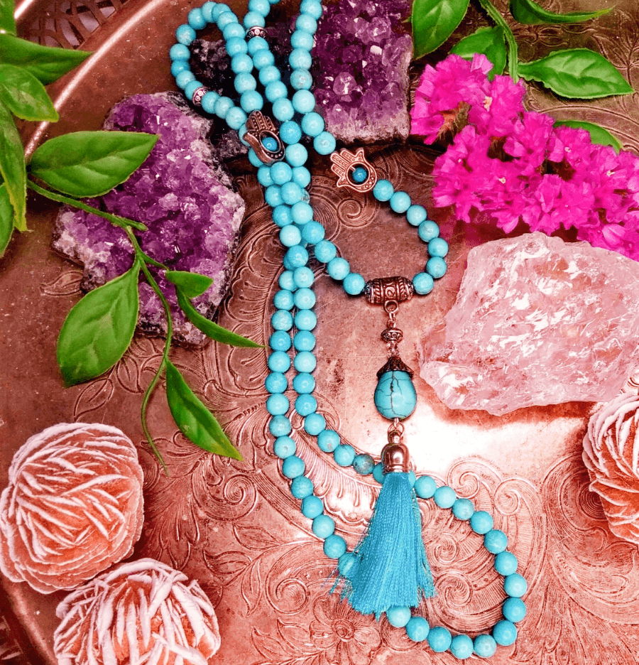 Turquoise Crystal Mala Bead Necklace - Spirit and Stardust