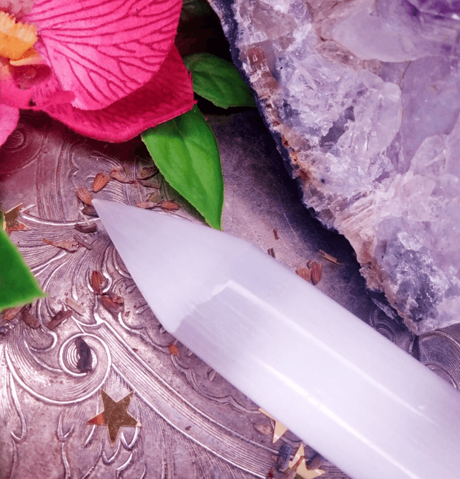 Large Polished White Selenite Crystal Pencil Wand - Spirit and Stardust